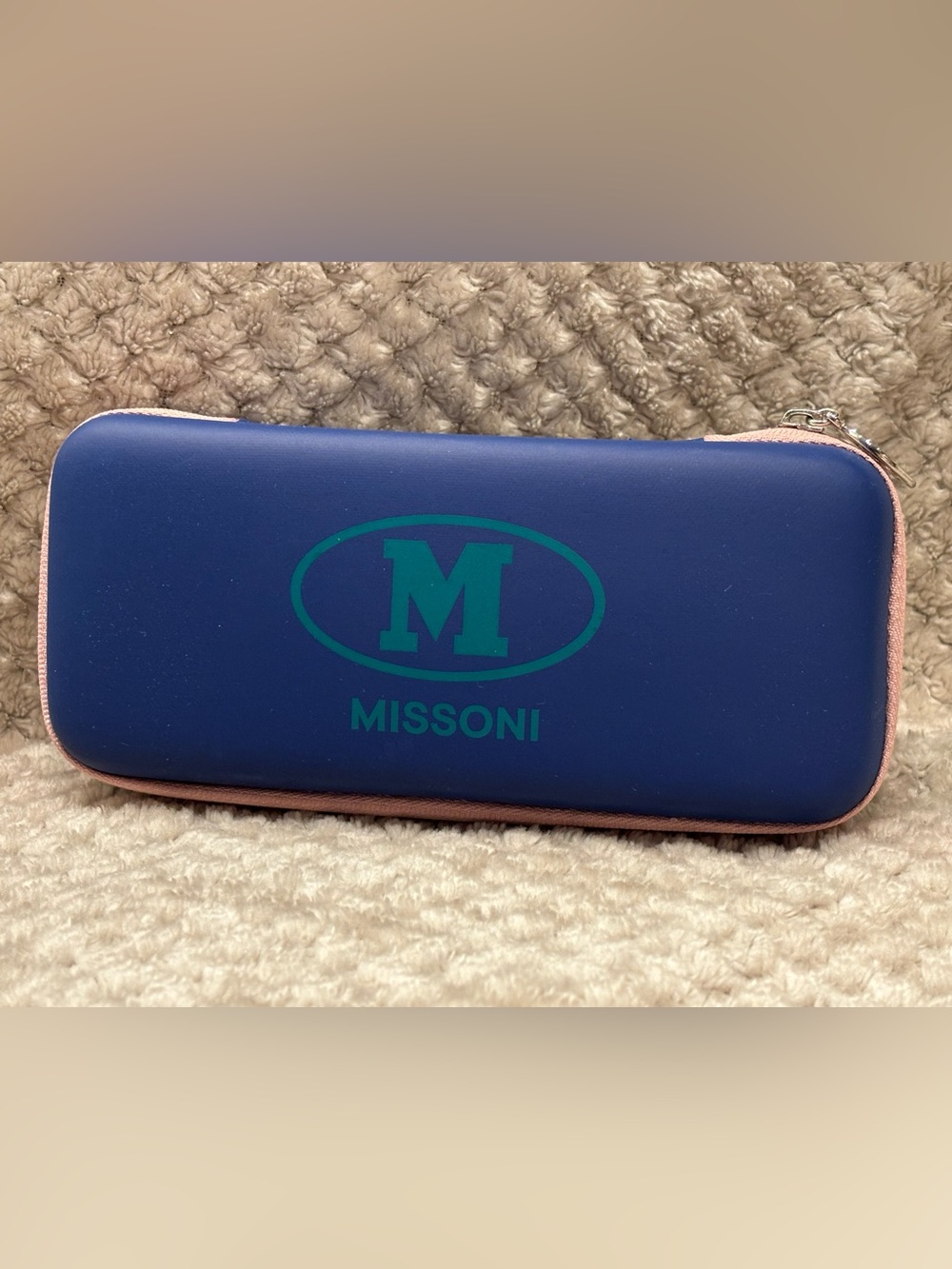 Missoni Blue Glasses Case with Teal Logo and Pink Zipper.